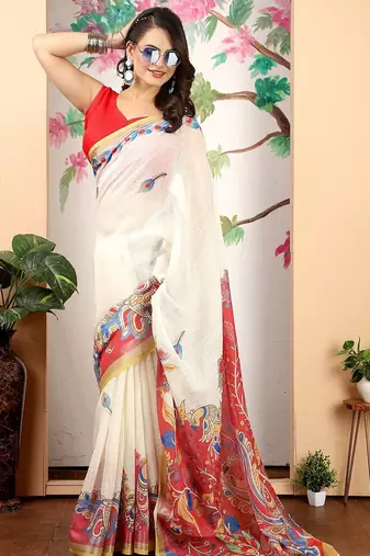 white printed pure cotton white saree with blouse