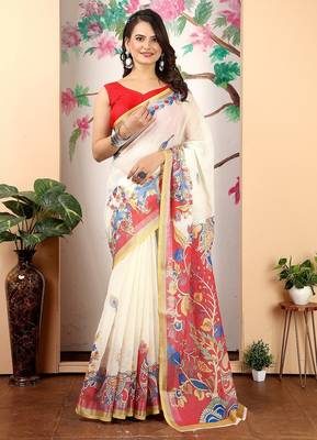 white printed pure cotton white saree with blouse 3