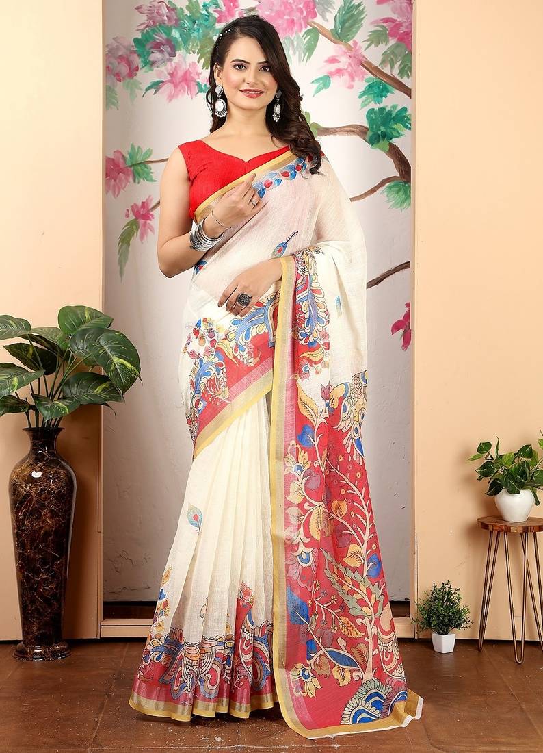white printed pure cotton white saree with blouse