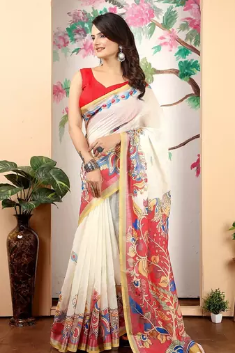 white printed pure cotton white saree with blouse