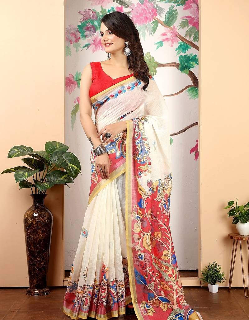 white printed pure cotton white saree with blouse