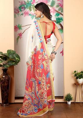 white printed pure cotton white saree with blouse 5