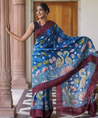 blue printed pure cotton blue saree with blouse 1