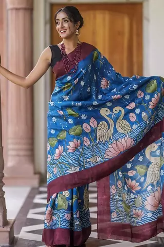 blue printed pure cotton blue saree with blouse