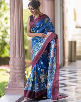 blue printed pure cotton blue saree with blouse 2