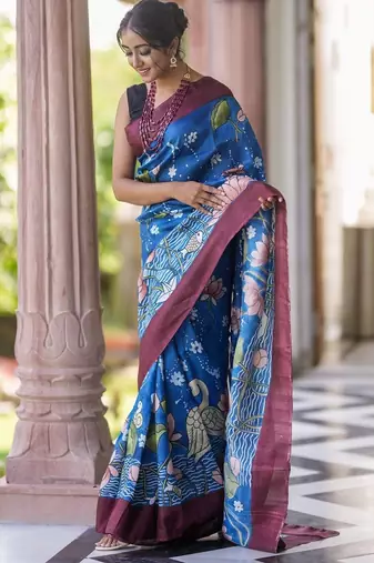 blue printed pure cotton blue saree with blouse