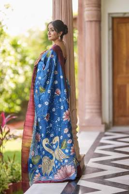 blue printed pure cotton blue saree with blouse 3