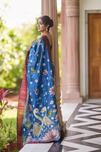 blue printed pure cotton blue saree with blouse