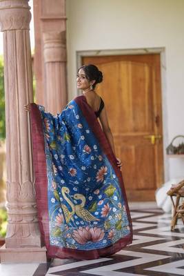 blue printed pure cotton blue saree with blouse 4