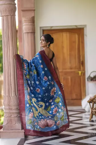 blue printed pure cotton blue saree with blouse