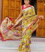 mustard printed pure cotton mustard saree with blouse