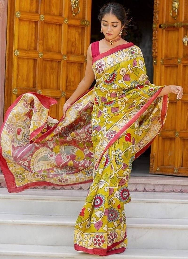 mustard printed pure cotton mustard saree with blouse