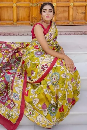 mustard printed pure cotton mustard saree with blouse