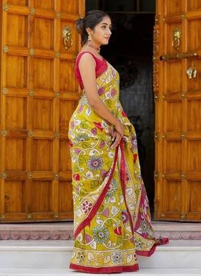mustard printed pure cotton mustard saree with blouse 4