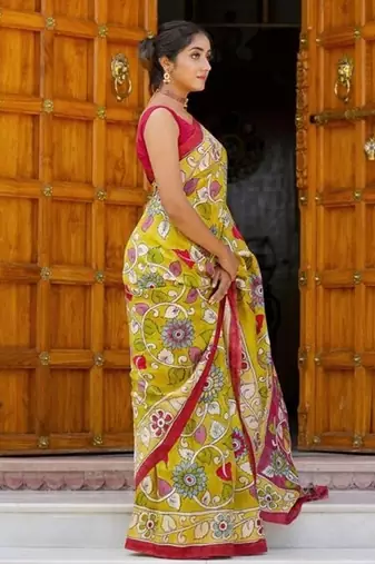 mustard printed pure cotton mustard saree with blouse