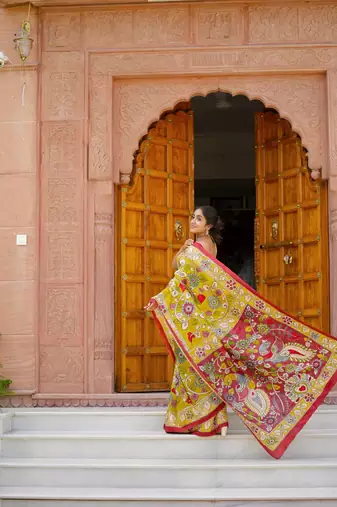 mustard printed pure cotton mustard saree with blouse