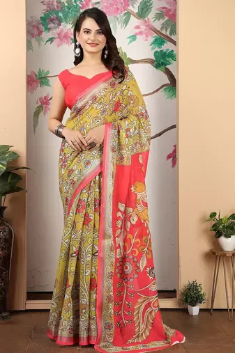 mustard printed pure cotton mustard saree with blouse