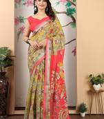 mustard printed pure cotton mustard saree with blouse