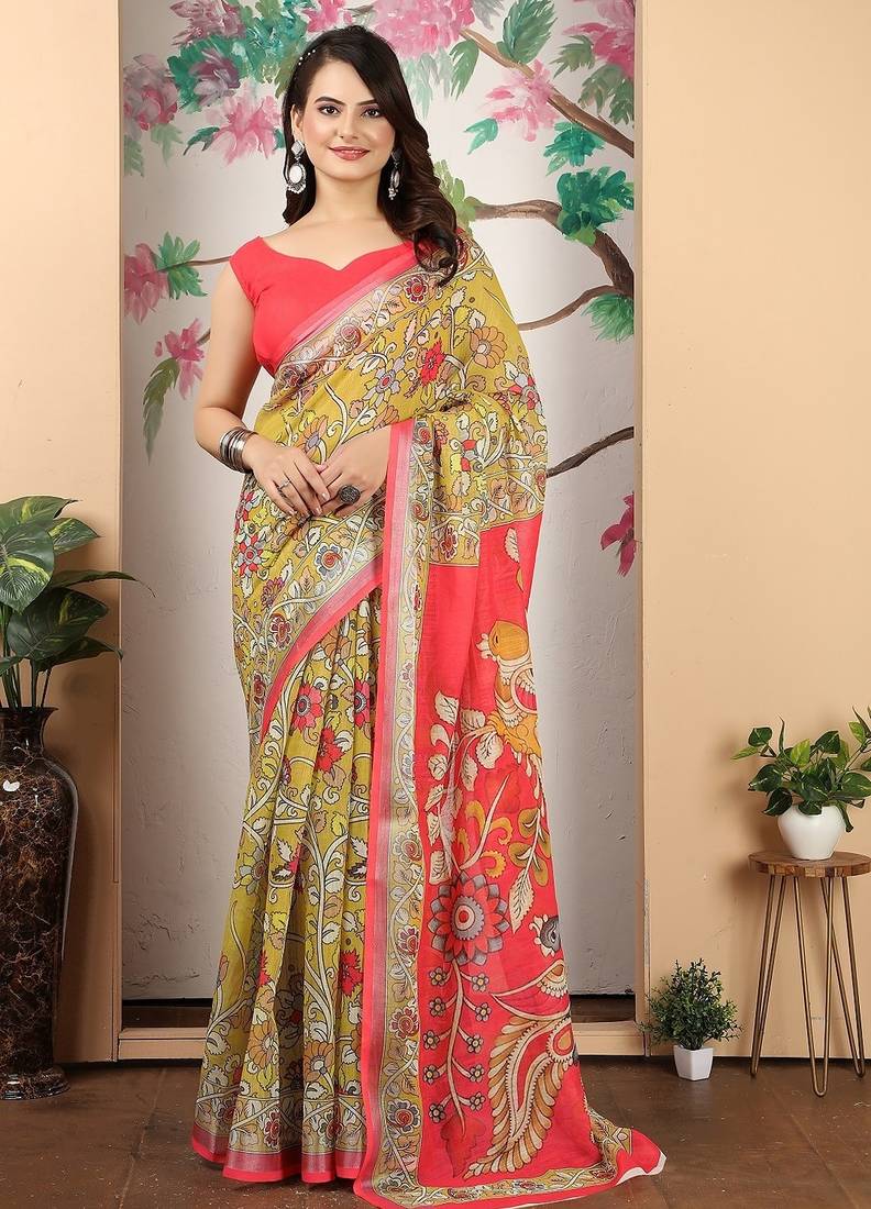mustard printed pure cotton mustard saree with blouse