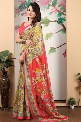 mustard printed pure cotton mustard saree with blouse