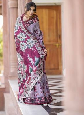 wine printed pure cotton wine saree with blouse 1