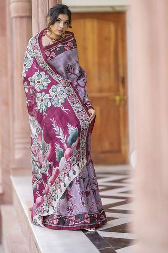 wine printed pure cotton wine saree with blouse