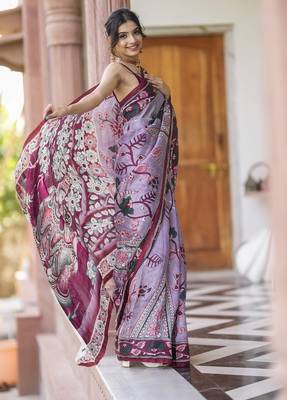 wine printed pure cotton wine saree with blouse 2