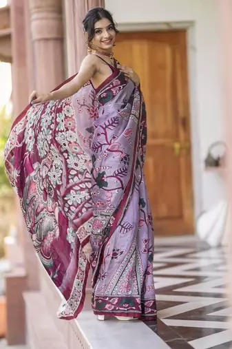 wine printed pure cotton wine saree with blouse