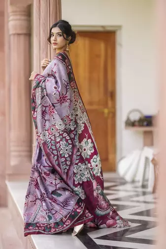wine printed pure cotton wine saree with blouse