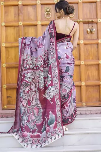 wine printed pure cotton wine saree with blouse
