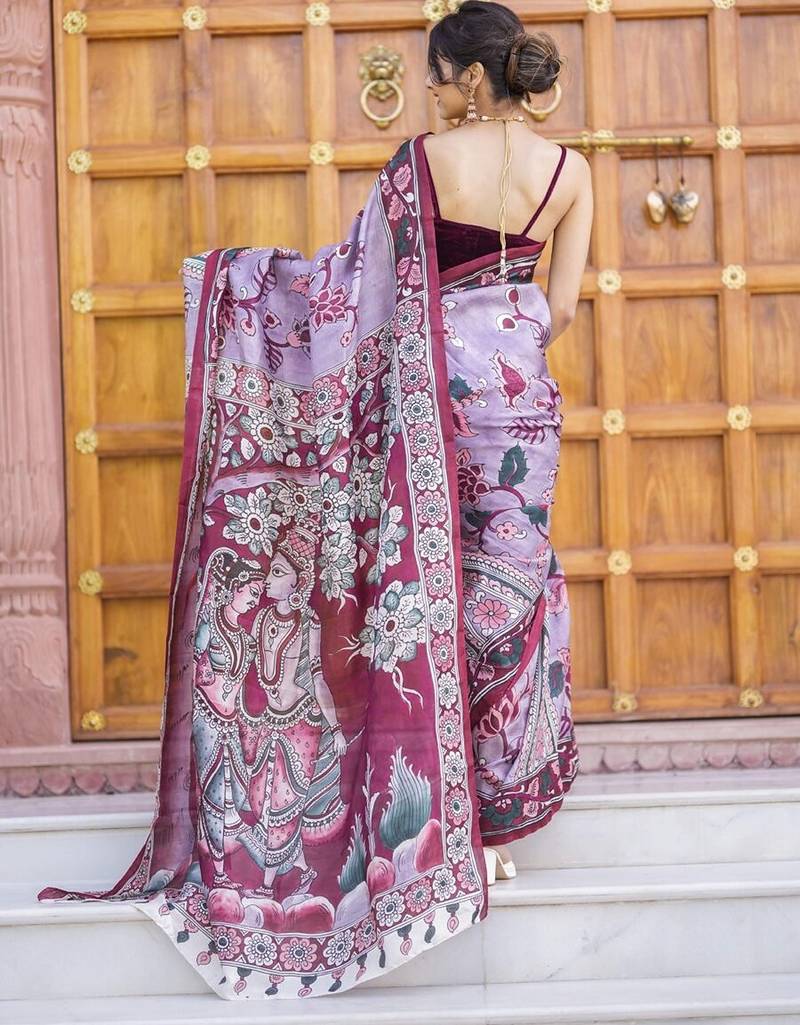 wine printed pure cotton wine saree with blouse