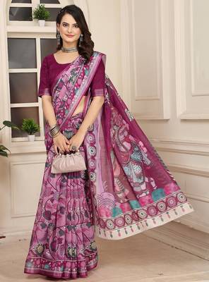 wine printed pure cotton wine saree with blouse 2