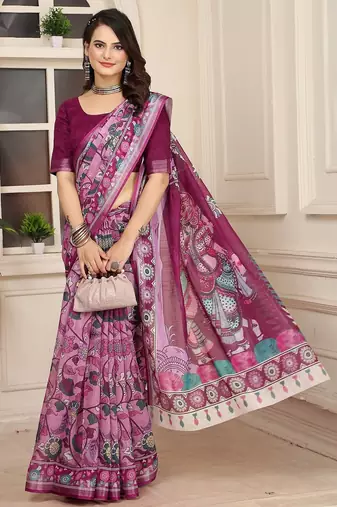wine printed pure cotton wine saree with blouse