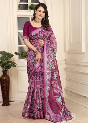 wine printed pure cotton wine saree with blouse 3