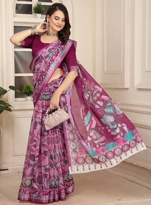 wine printed pure cotton wine saree with blouse 4