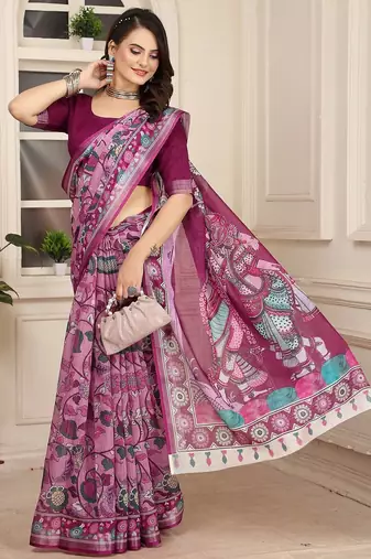 wine printed pure cotton wine saree with blouse