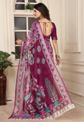 wine printed pure cotton wine saree with blouse 5