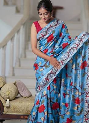 sky_blue printed pure cotton sky blue saree with blouse 1