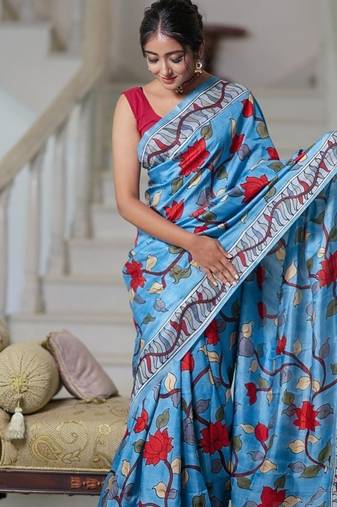 sky_blue printed pure cotton sky blue saree with blouse