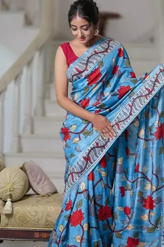 sky_blue printed pure cotton sky blue saree with blouse