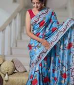 sky_blue printed pure cotton sky blue saree with blouse