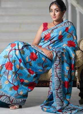 sky_blue printed pure cotton sky blue saree with blouse 2