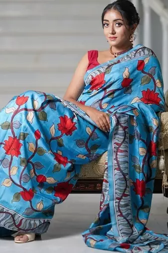 sky_blue printed pure cotton sky blue saree with blouse