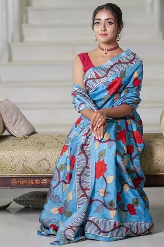 sky_blue printed pure cotton sky blue saree with blouse