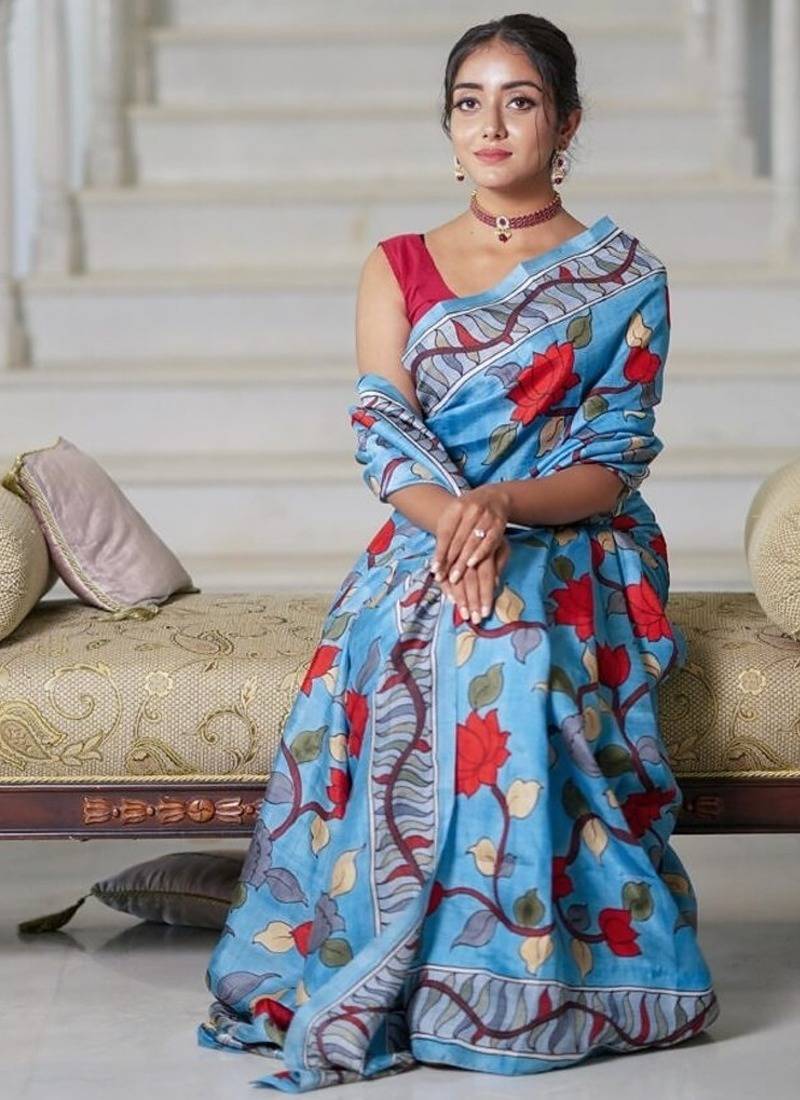 sky_blue printed pure cotton sky blue saree with blouse