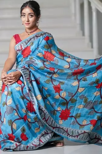 sky_blue printed pure cotton sky blue saree with blouse