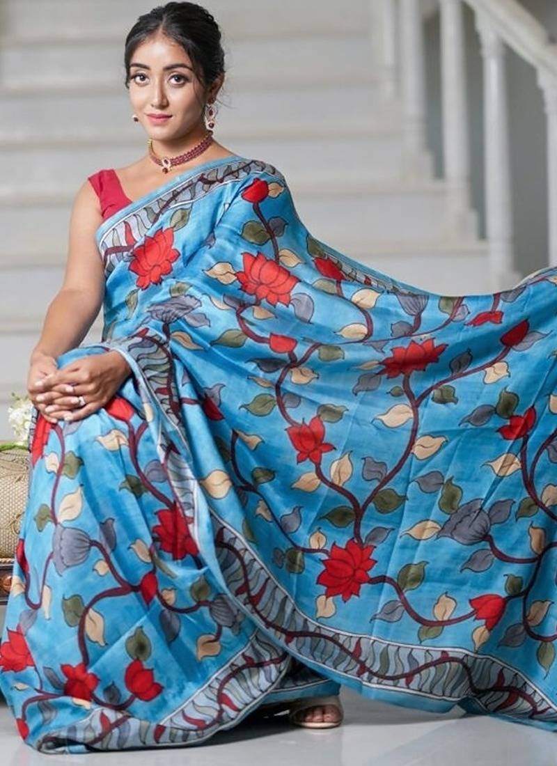 sky_blue printed pure cotton sky blue saree with blouse