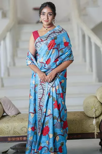 sky_blue printed pure cotton sky blue saree with blouse