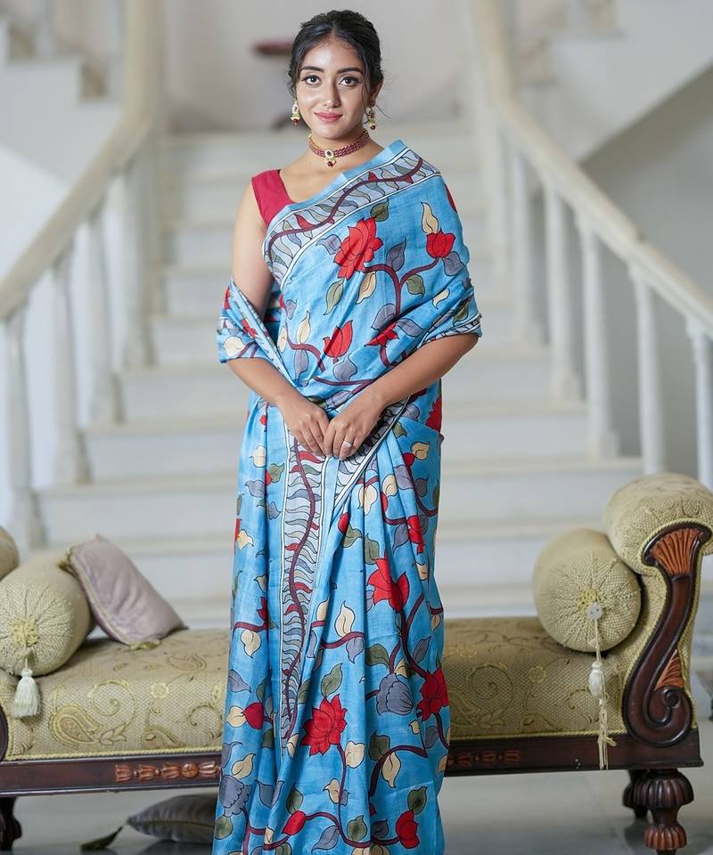 sky_blue printed pure cotton sky blue saree with blouse