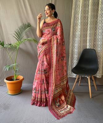 pink printed pure cotton pink saree with blouse 1